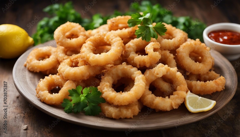 A basket of crispy calamari, each ring perfectly golden and accompanied by a tangy marinara sauce A basket of crispy calamari, each ring perfectly golden and accompanied by a tangy marinara sauce