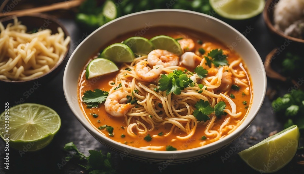 A bowl of Laksa, the soup rich with coconut milk, tinted with a sunset-orange hue from the spices A bowl of Laksa, the soup rich with coconut milk, tinted with a sunset-orange hue from the spices