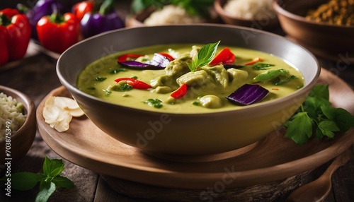 A bowl of Thai green curry, vibrant and inviting. The green of the curry is vivid against the rustic