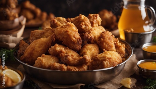 A bucket of fried chicken, each piece with a perfect golden crust, exuding comfort and indulgence.