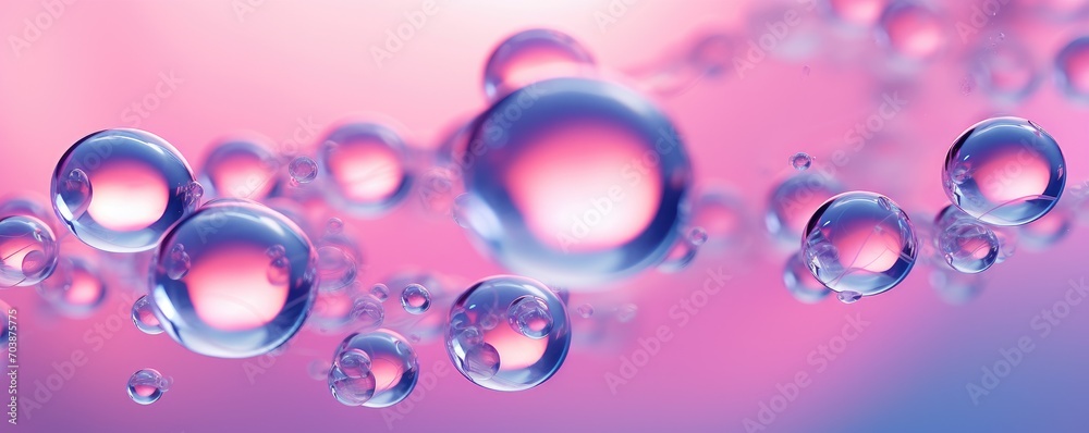 Serum or water drops on purple gradient surface background. Toner or cleanser lotion, hyaluronic serum. Clear liquid skin care cosmetic product texture with bubbles