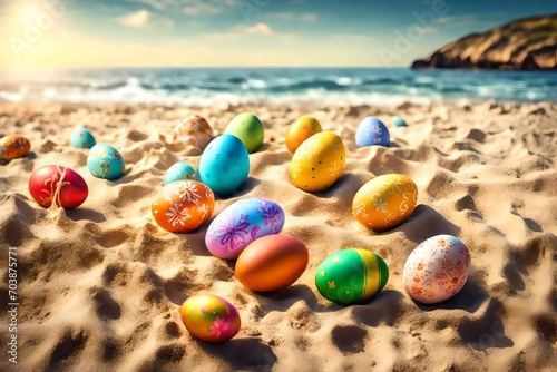 A cheerful scene featuring colorful Easter eggs displayed on the sandy seaside on a sunny day, capturing the joyous spirit and festive atmosphere of Easter celebrations by the sea.