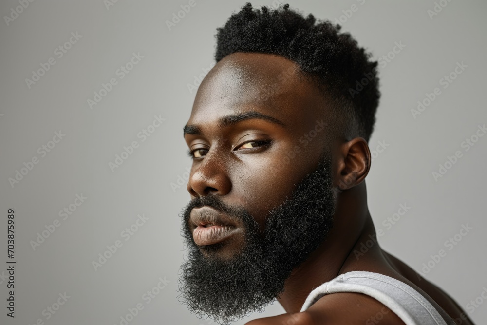 Obraz premium Profile portrait of young hadsome bearded African American man on grey background with copy space
