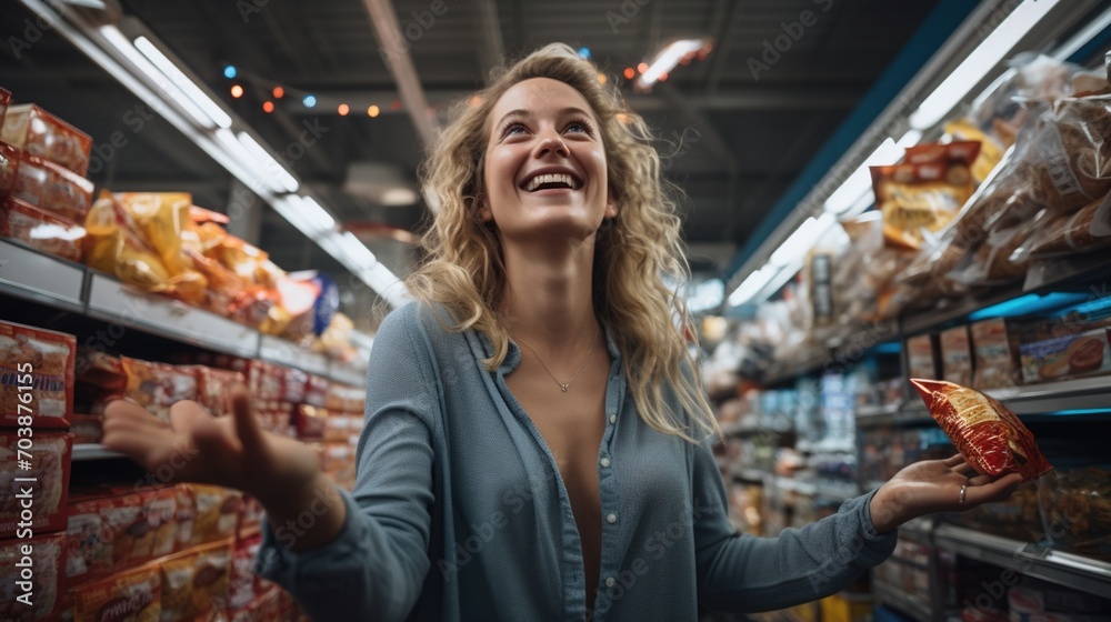 Ecstatic woman celebrating in grocery store