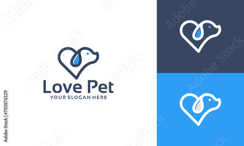animal care logo design inspiration with heart and dog line style