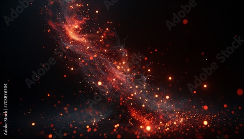 Red-orange fire embers floating against a black background, depicting floating sparks and abstract glittering particles mimicking the luminous trails of burning cinders in darkness Generate Image photo