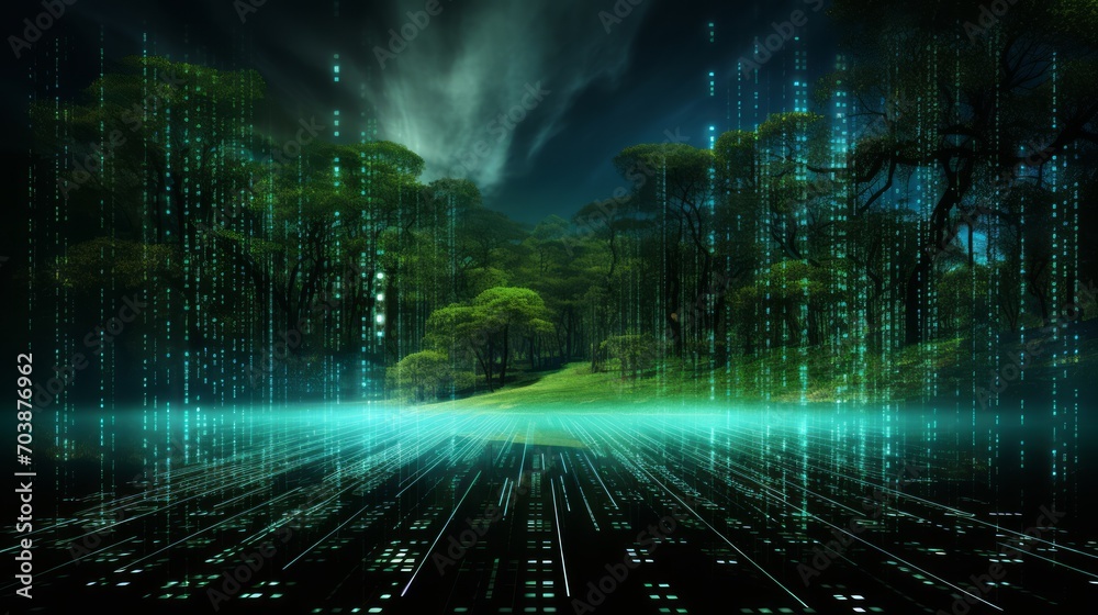 Futuristic Digital Matrix Forest with Light Rays and Code Rain