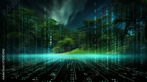 Futuristic Digital Matrix Forest with Light Rays and Code Rain