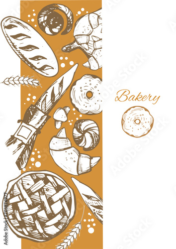 Bakery, isolated vector, rolls, pies, croissants,cakes, pastries. Sepia. Vector card design with ink hand drawn baking illustration. Vintage template with bread and pastries sketch.Bakery background. 