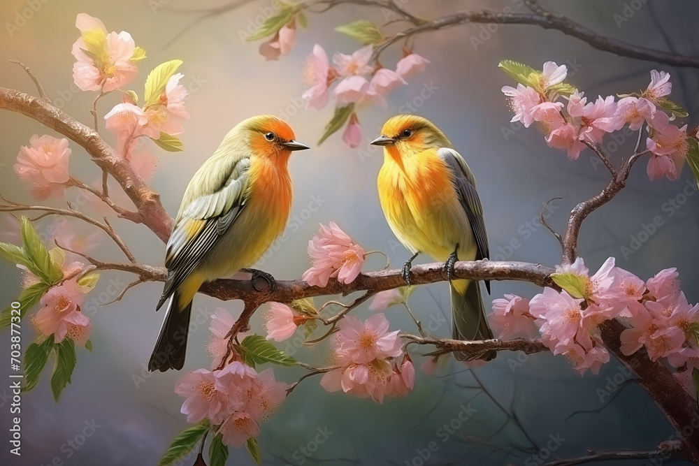 Two vibrant birds perch on a branch, surrounded by delicate pink blossoms, evoking a serene and harmonious spring atmosphere.