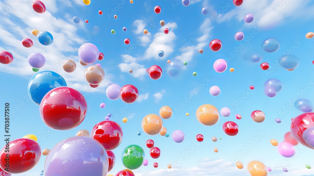 Background with colorufll balls flying in the air against a blue sky Background with colorufll balls flying in the air against a blue sky