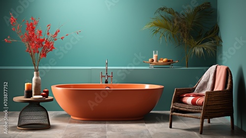 Freestanding orange bathtub in a green bathroom