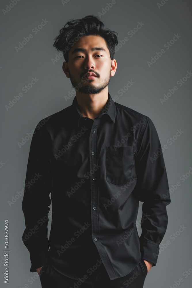 Fototapeta premium Young hadsome serious bearded Korean man wears black shirt and stands against grey background