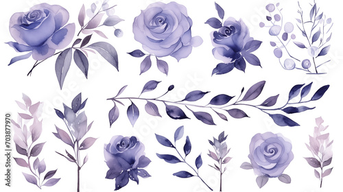 Watercolor elements are purple, blue roses, and flowers on a white background