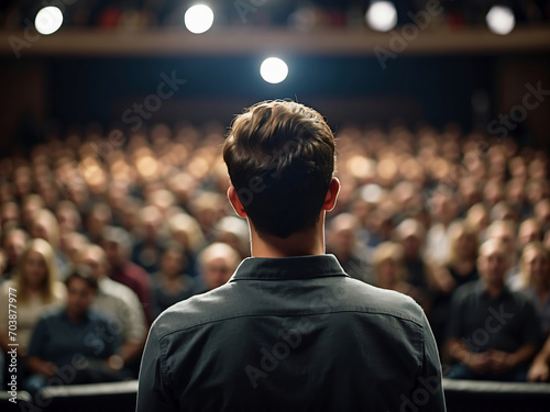 A man stands at a podium in front of an audience, passionately delivering his speech on a stage. created with generative AI technology