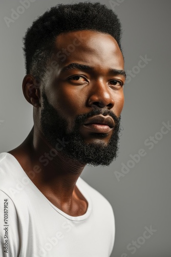 Profile portrait of young hadsome serious bearded African American man on the grey background