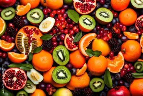 Create an exquisite stock photo of a fresh mixed fruit salad, featuring vibrant clementines, bananas, kiwis, and pomegranate seeds meticulously arranged.