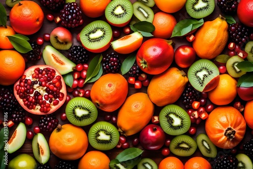 Create an exquisite stock photo of a fresh mixed fruit salad, featuring vibrant clementines, bananas, kiwis, and pomegranate seeds meticulously arranged.