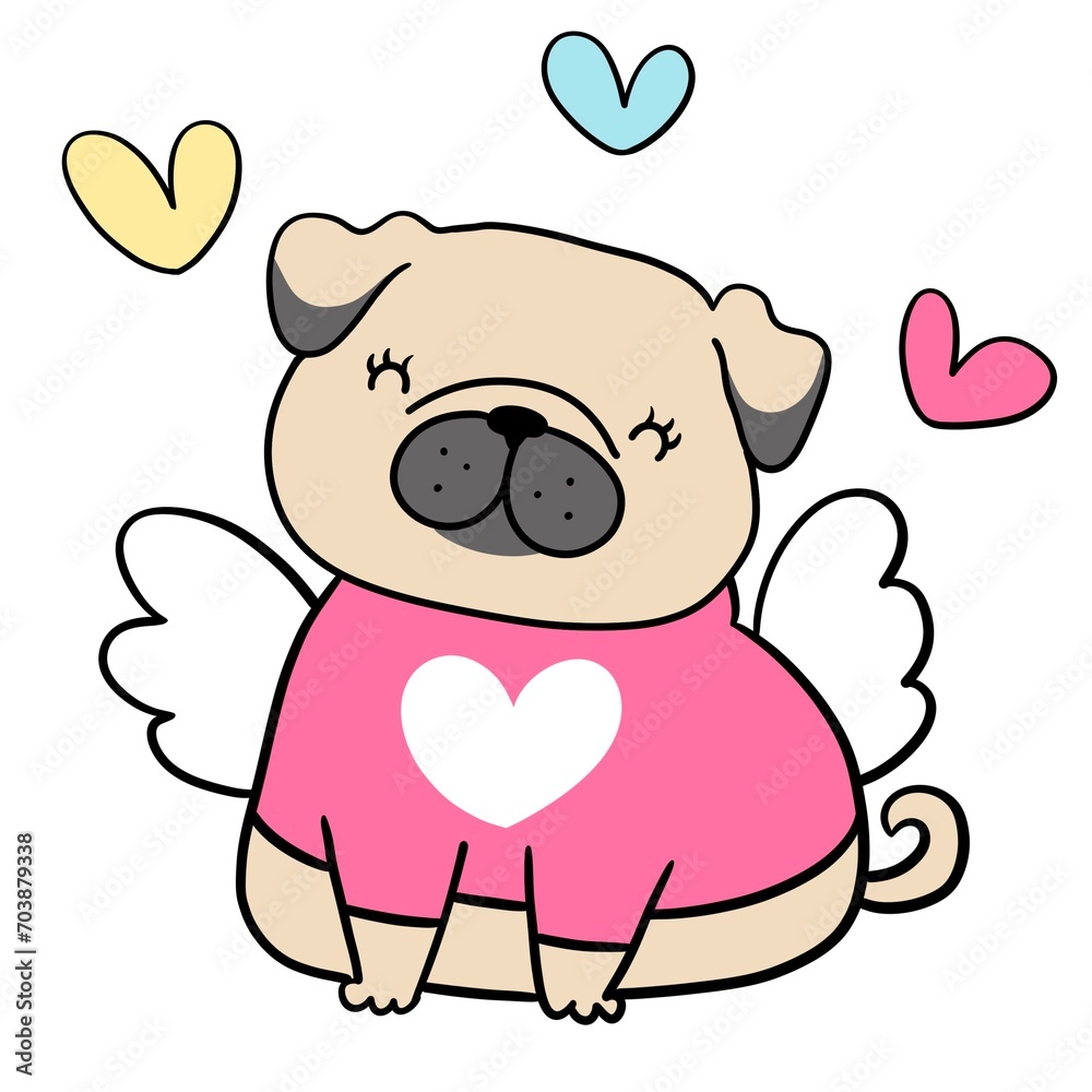 A cartoon pug dog wearing a striped sweater and hearts. The dog is sitting on a green lawn, and it is smiling and wagging its tail. A cartoon pug dog wearing a striped sweater and hearts. The dog is sitting on a green lawn, and it is smiling and wagging its tail.