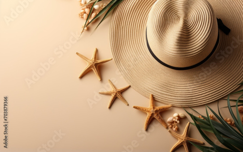 Summer vacation concept with straw hat and starfish on a sandy beige background, evoking feelings of beach holidays, relaxation, and seaside leisure activities