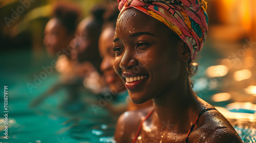 Happy black african american women swimming, friends doing aqua aerobics