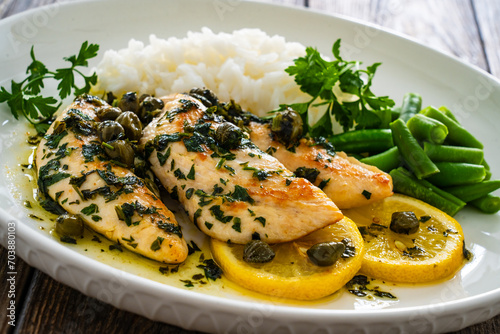 Chicken piccata with white rice and capers in sauce on wooden background
