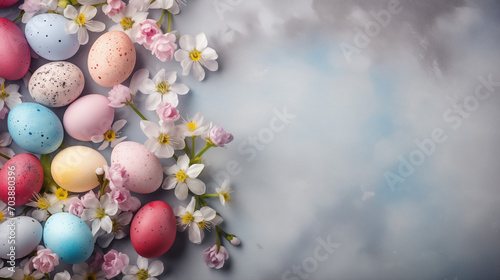 Easter eggs and flowers  Colorful Easter eggs and flowers background. copy space middle on background  Close up of colorful Easter eggs in a basket  Ai generated image