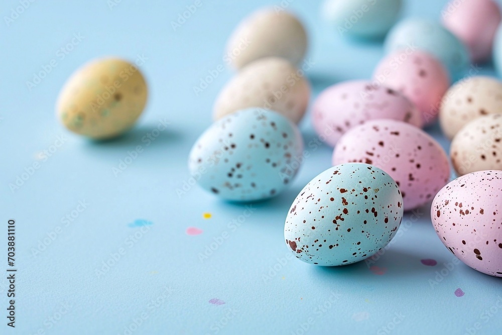 Colorful Easter eggs on pastel blue background with confetti.