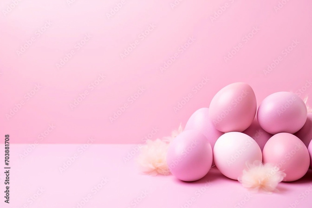 Pink and white eggs in a pile with feathers on a pastel pink background. Happy Easter concept.