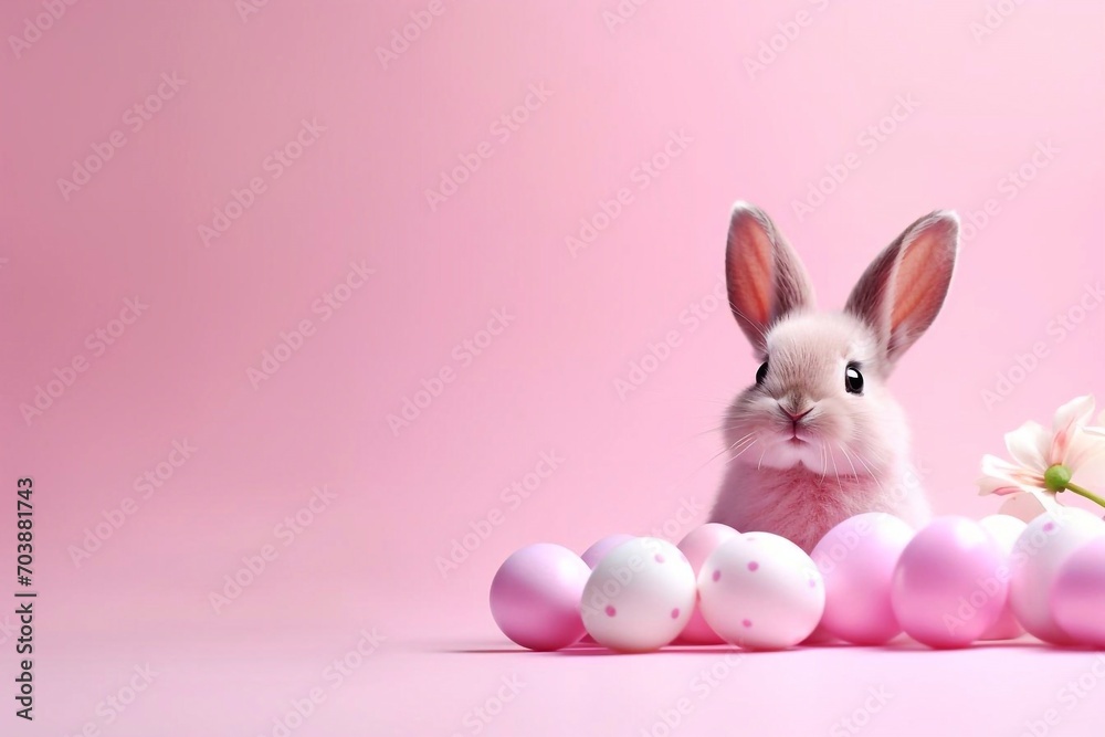 Obraz premium Cute little Easter bunny and Easter eggs with flower on pastel pink background with copy space. Happy Easter.