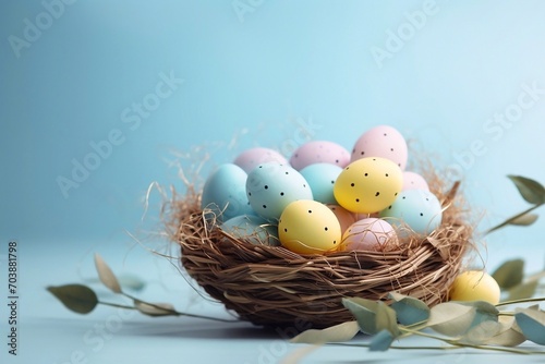 Colorful Easter eggs in a nest with branches with green leaves on a blue background with copy space. Happy Easter concept.