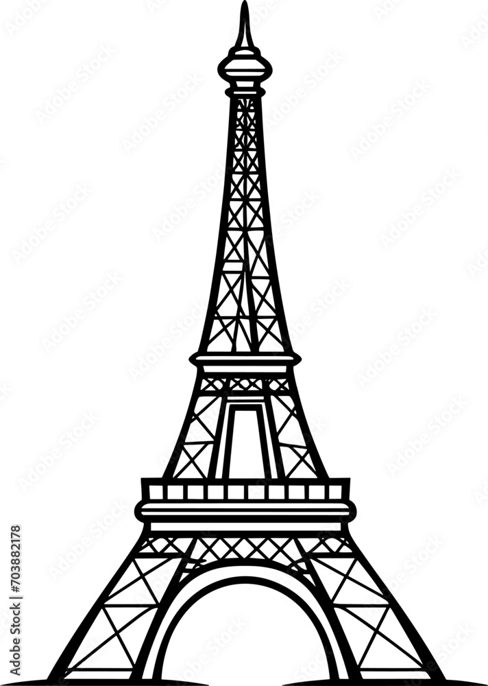 Eiffel tower in France straight view, doodle line sketch, vintage card, symbol of France sticker. Modern engraving on a white background. AI generated illustration.