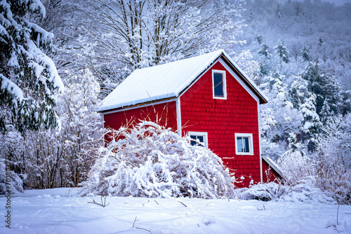 Принти на полотні A two-story red barn stands out against the white snow from last night's heavy winter snowfall