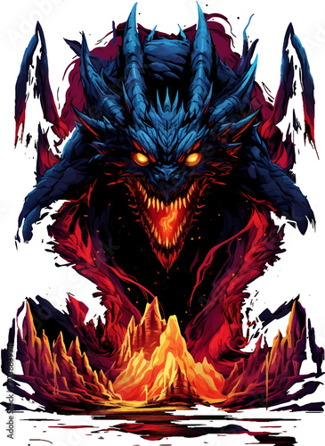 T-shirt design, fiery volcano and terrifying Dragon. transparent background