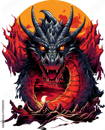 T-shirt design, fiery volcano and terrifying Dragon. transparent background