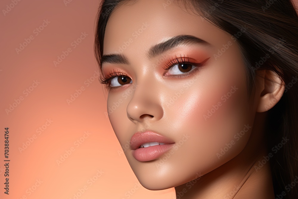 Fototapeta premium Beauty fashion photoshoot peach eyeshadow with brown eyes Asia model studio lighting