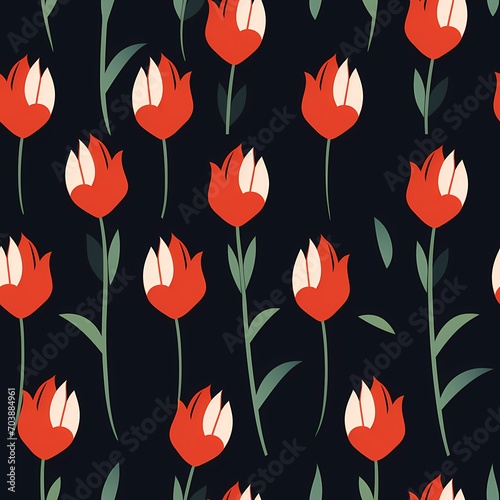 minimalist seamless pattern with red tulips on black background