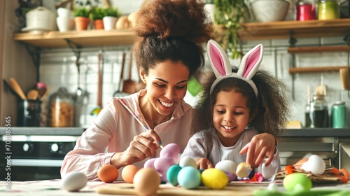 Joyful Easter Moments: Ethnic Mother and Child Celebrate Family Traditions with Egg Decorating