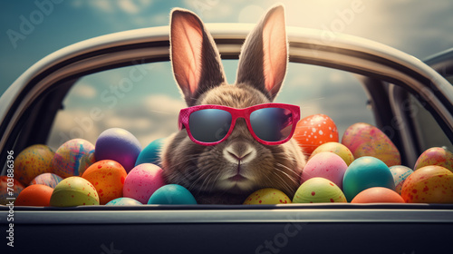 Easter bunny with easter eggs, Cute Easter Bunny with sunglasses looking out of a car filed with easter eggs, Ai generated image 