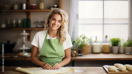 A Culinary Journey: 1 Beautiful Blonde Woman, Green Dress, Baking Bliss