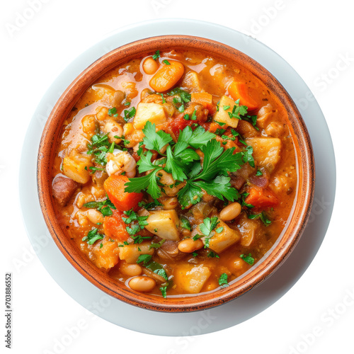 Traditional Portuguese feijoada stew of white bean squid and vegetables. Top view. Transparent background. photo