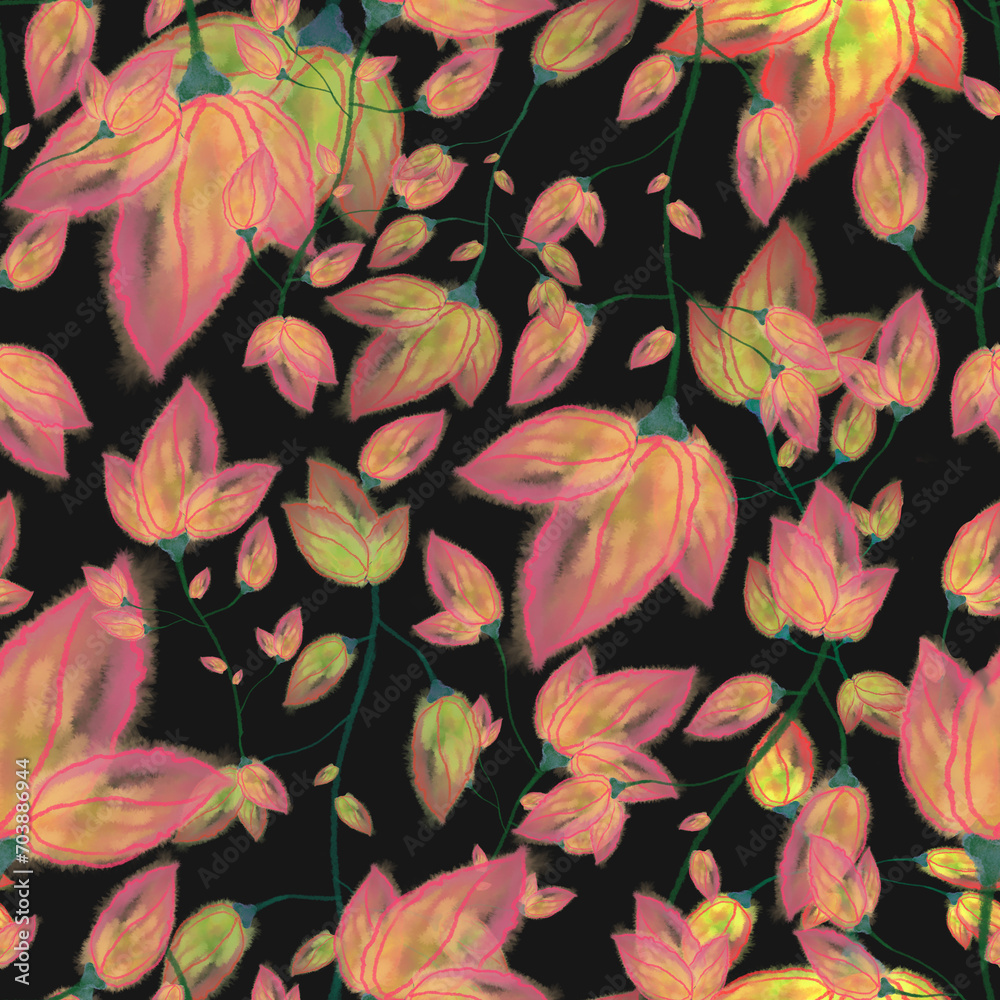 seamless pattern with flowers and leaves,pink and yellow color,pattern for fabric,pattern for clothes