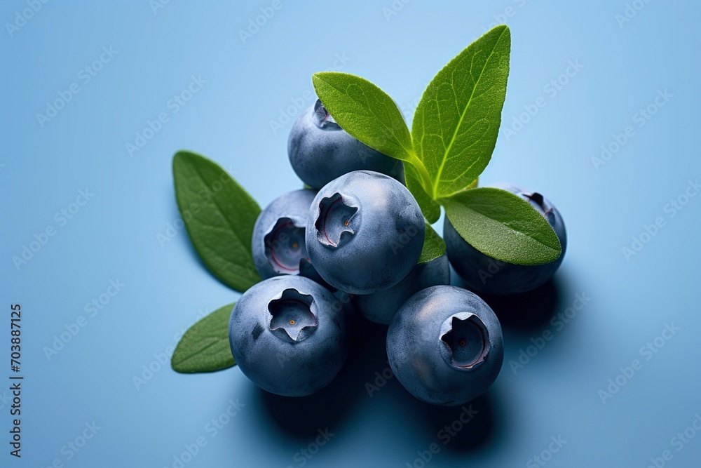 Fresh ripe blueberries with green leaves on a blue background with shadow. Healthy organic blueberry, antioxidant Fresh ripe blueberries with green leaves on a blue background with shadow. Healthy organic blueberry, antioxidant