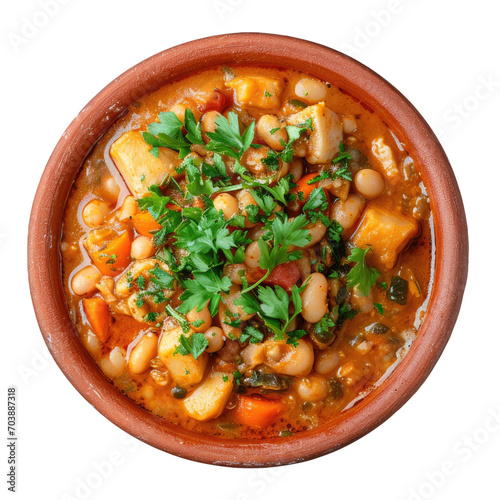 Traditional Portuguese feijoada stew of white bean squid and vegetables. Top view. Transparent background.