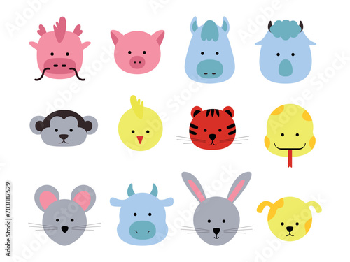 Fototapeta Naklejka Na Ścianę i Meble -  a set of animals of the Chinese zodiac in a flat style, the head of animals from the horoscope. Vector illustration