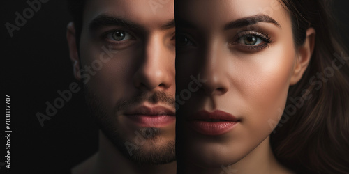 Halbes Gesicht einer Frau und Mann geteilt als Paar oder Vorher und Nachher Nahaufnahme, ai generativ