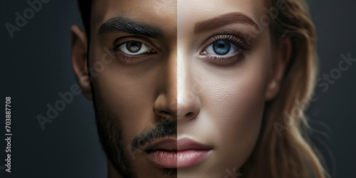 Halbes Gesicht einer Frau und Mann geteilt als Paar oder Vorher und Nachher Nahaufnahme, ai generativ photo
