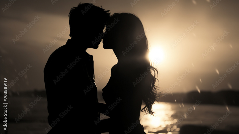 Couple in love kissing on sunset. Black and white filter. Love background concept. Valentines day concept. 