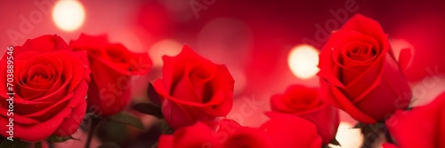 Red roses aganist a bokeh lights background banner. Love symbol. Valentine's day backdrop. photo