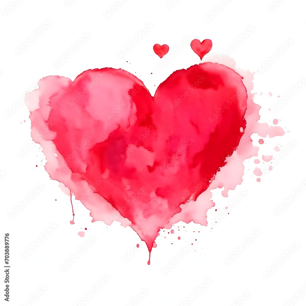 Watercolor painting of red heart with splashes. Isolated red heart illustration.